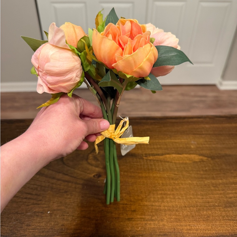Faux Peony Bouquet Peach Blush Orange 6 Stem Bundle NWT